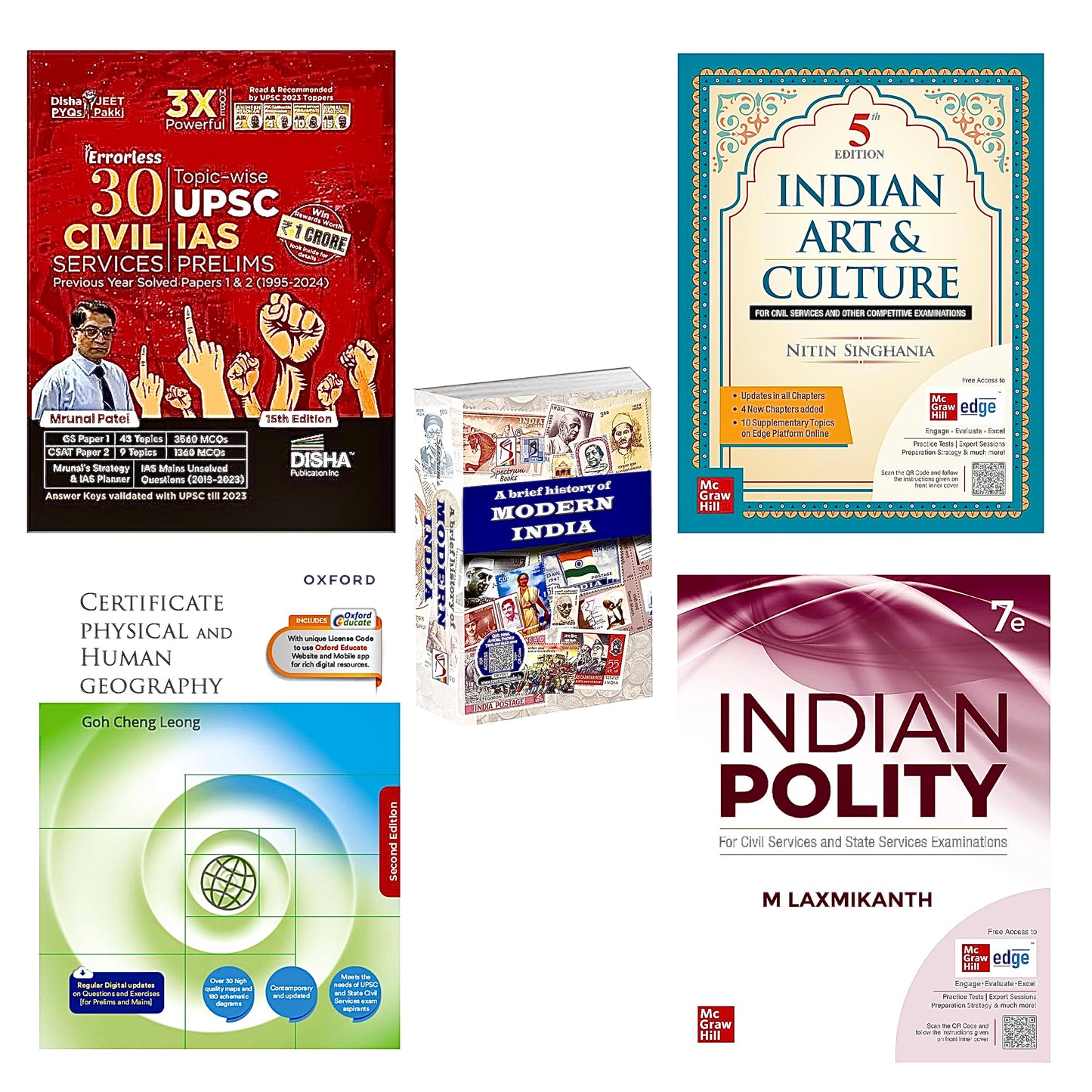 UPSC Prelims 5 Books Set (Modern History Latest Edition + Physical and Human Geography GC Leong+29 Years Disha Pre Papers+ Indian Polity 7th+ Art n Culture 5th)